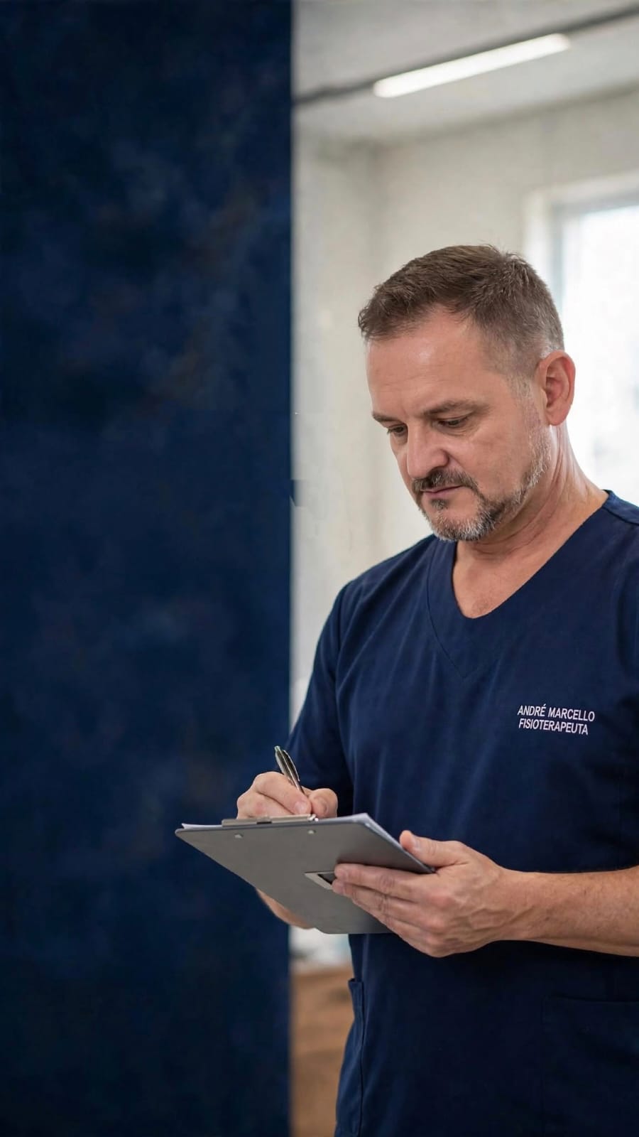 André Marcello, fisioterapeuta do Studio Fisio Black Belt, com uma prancheta