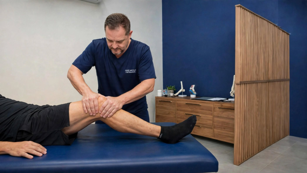 André Marcello realizando atendimento de fisioterapia manual e mobilização articular no Studio