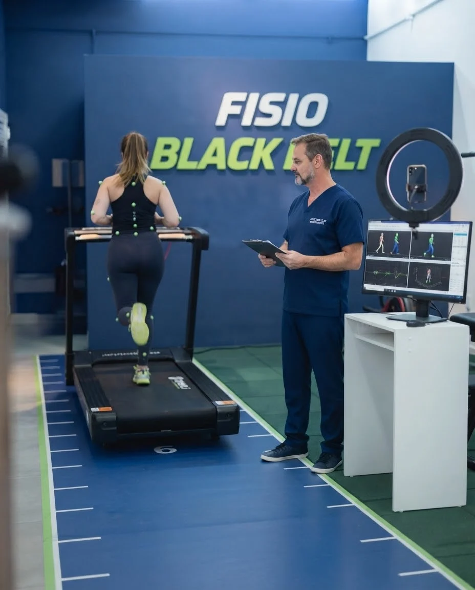 André acompanha a avaliação biomecânica 2D enquanto uma corredora realiza o teste na esteira